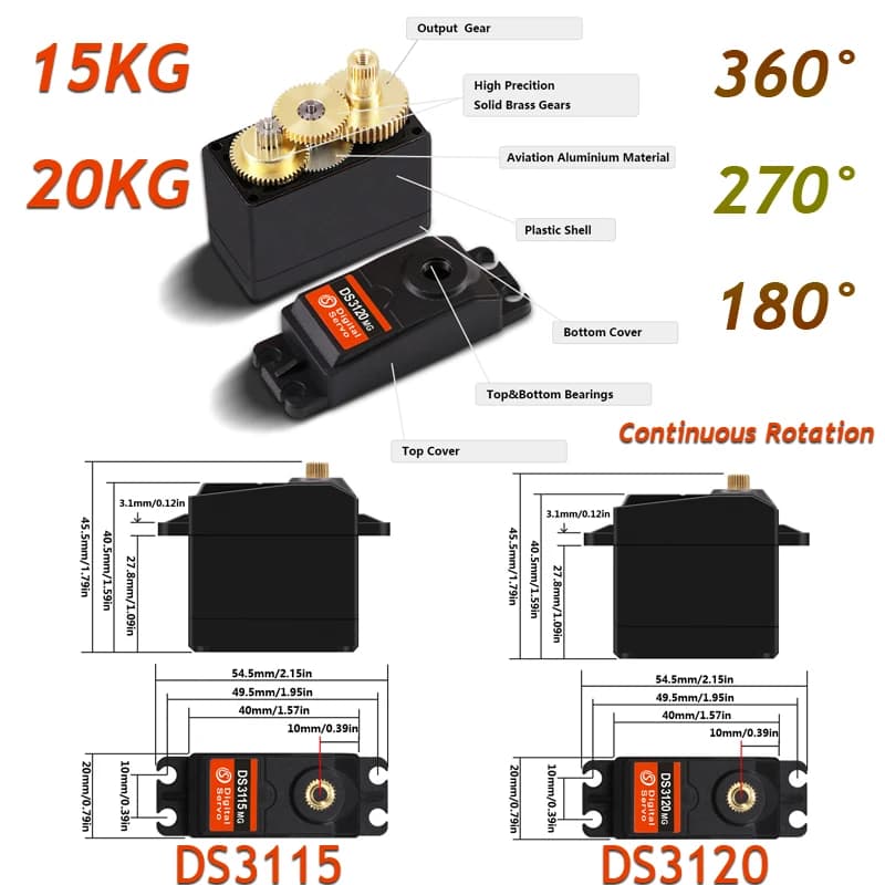 15KG 20KG Servo 360/270/180 gradi Servo a rotazione continua DS3115 DS3120 arduino servo Servo digitale per RC Auto Robot Barca