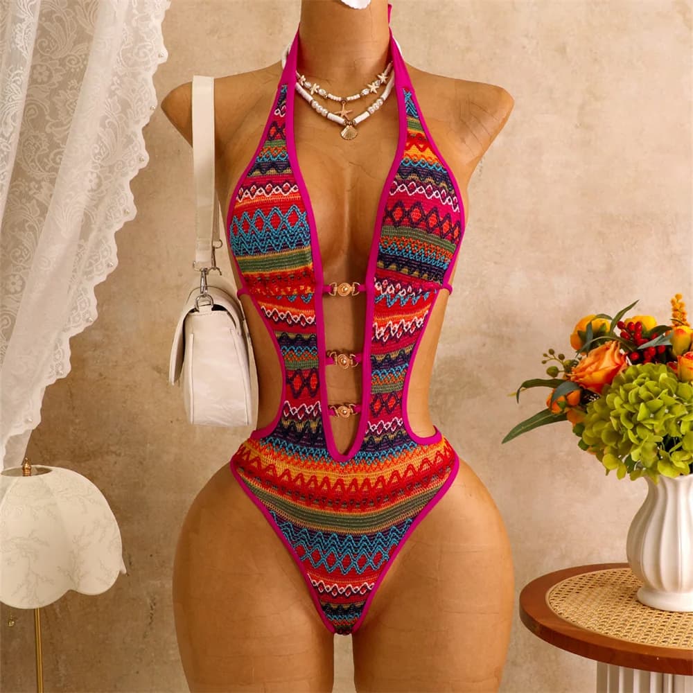 Sexy Deep V Hollow Monokini Crochet Y2k Knitted Bikini Micro String Extrem Backless Swimsuit Women Boho Swimwear Vacation Outfit