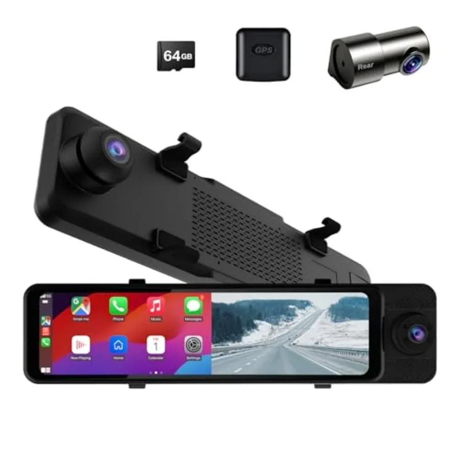 Specchietto Retrovisore da 11'' con Dash Cam, Schermo Touch, CarPlay, Android Auto, APP, WiFi, FM, Dash Cam a 3 Vie per Auto, Bluetooth, Facile Installazione