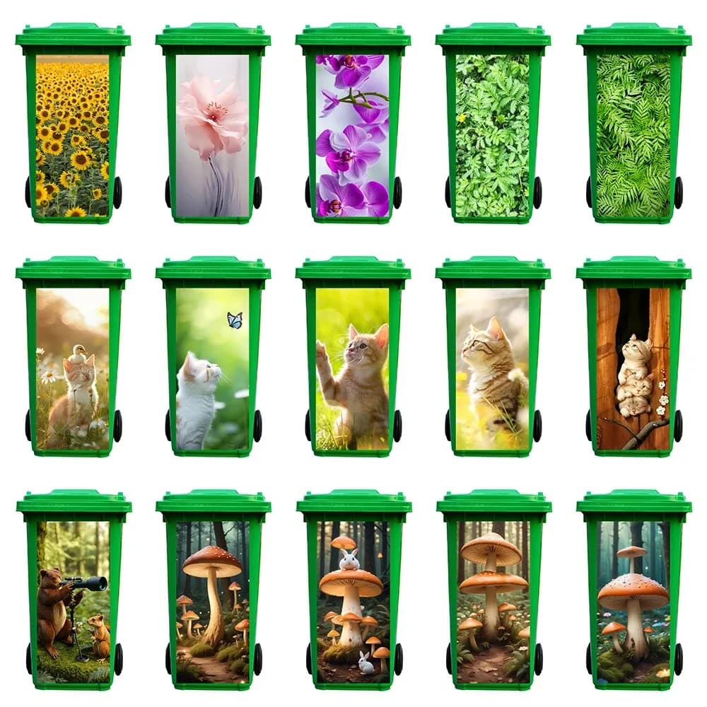 Adesivo per bidone della spazzatura con simpatici gattini e funghi da favola, rimovibile, impermeabile, con piante e fiori, decorazione murale per bidone della spazzatura da esterno
