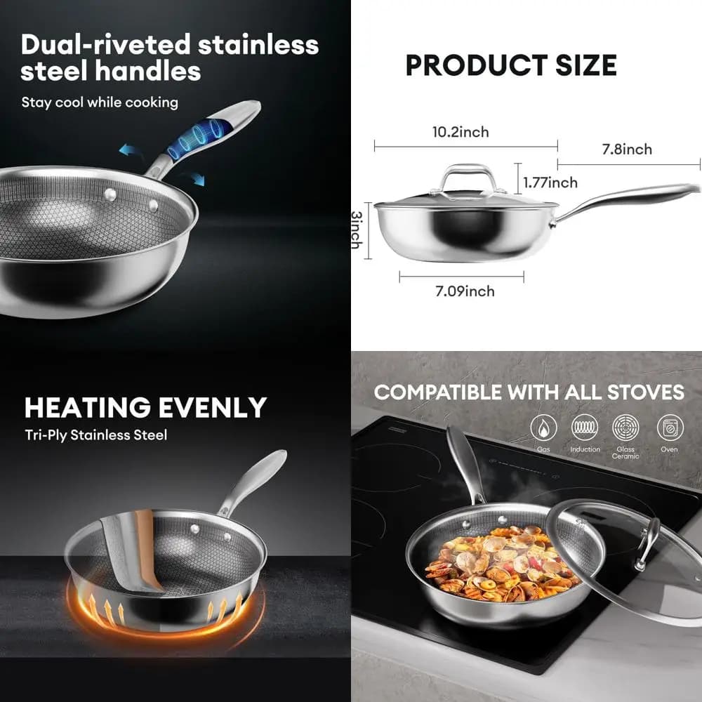 Professional 10 Inch Hybrid Wok with lid, stainless steel pan, cold handle, dishwasher safe and oven, suitable