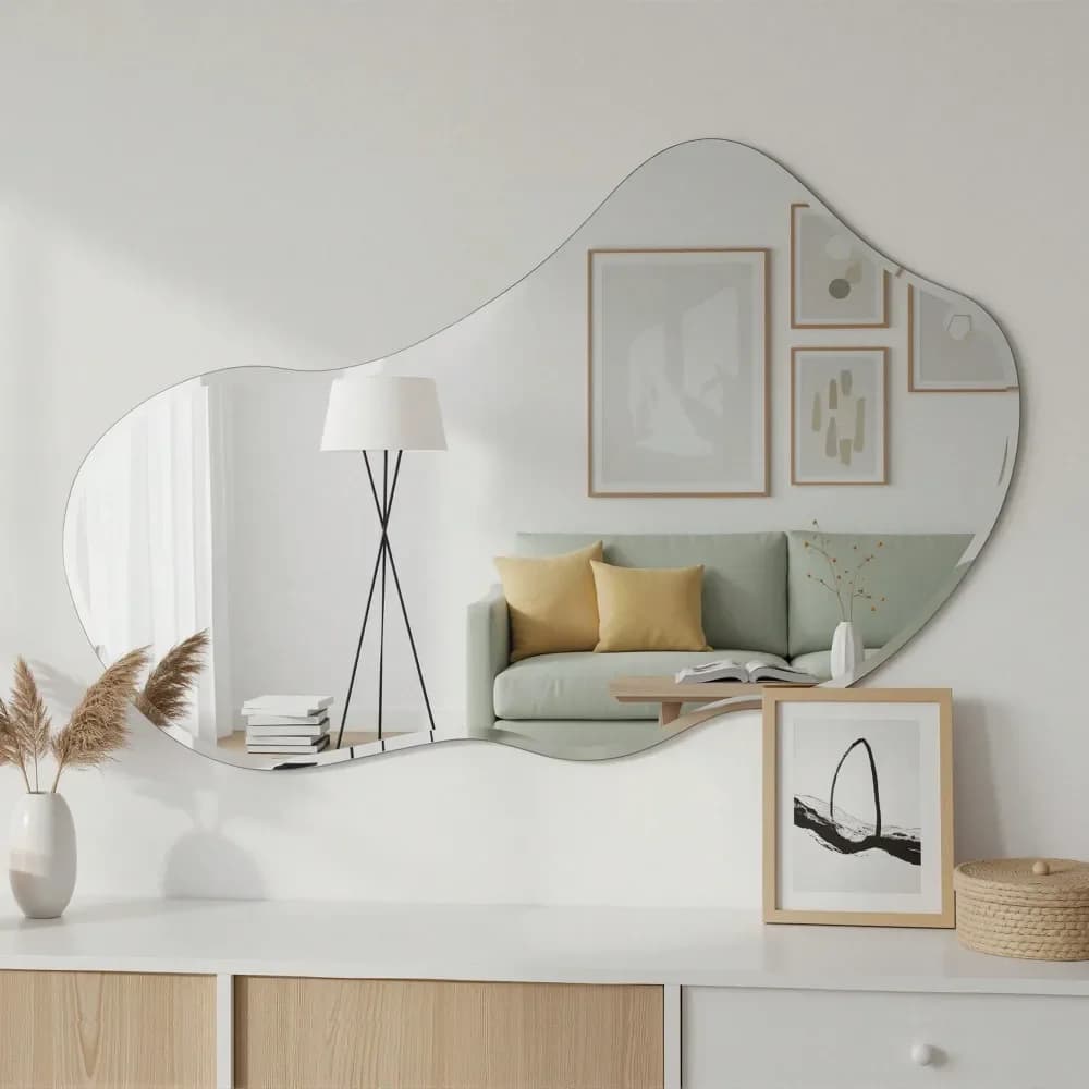 Specchio da parete decorativo nero moderno asimmetrico astratto per bagno, camera da letto, soggiorno, ingresso, corridoio