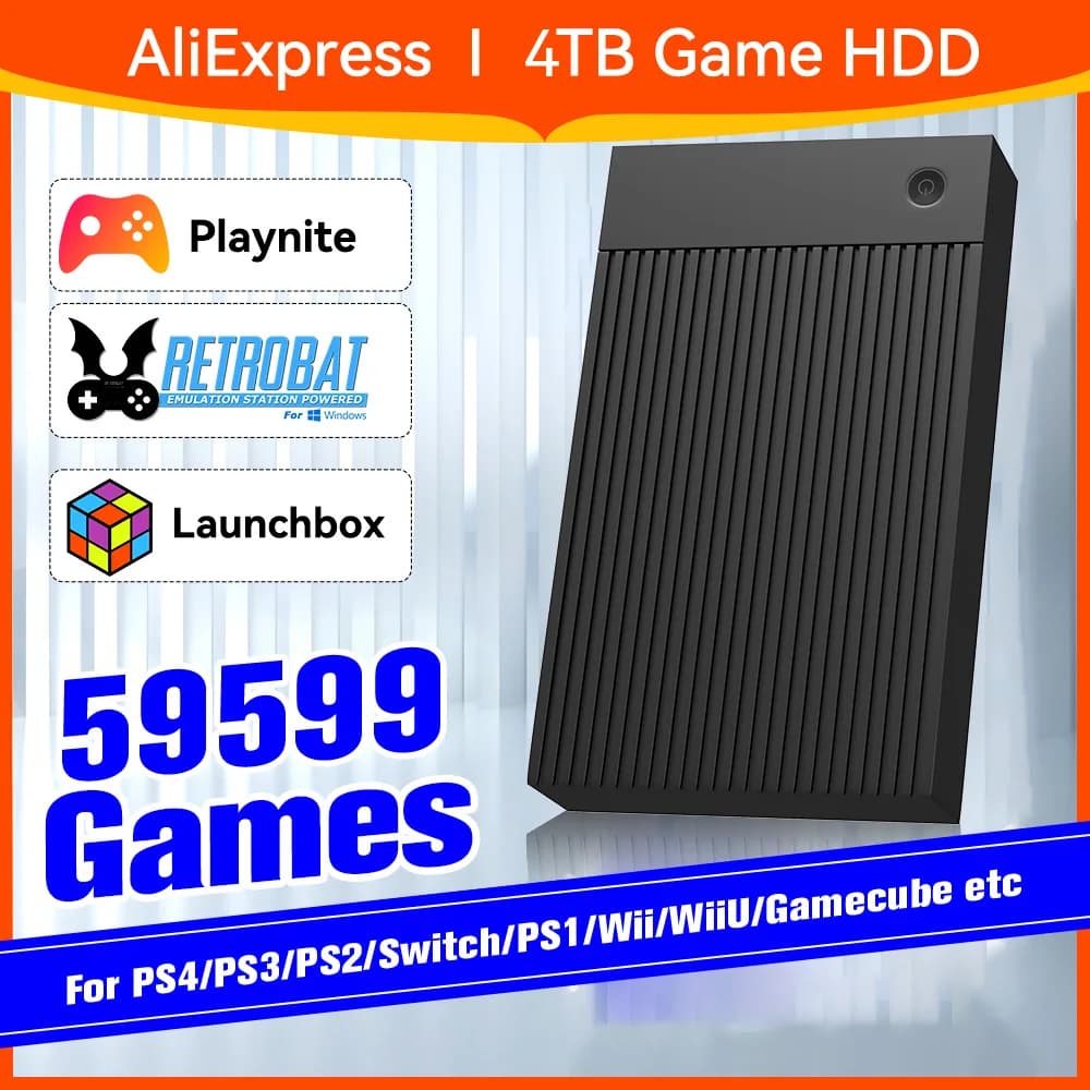 4TB Portable Game External HDD with 59599 Games Pre-set Launchbox&Playnite&Retrobat Game Console for PS4/PS3/PS2/Switch/Wii/WiiU