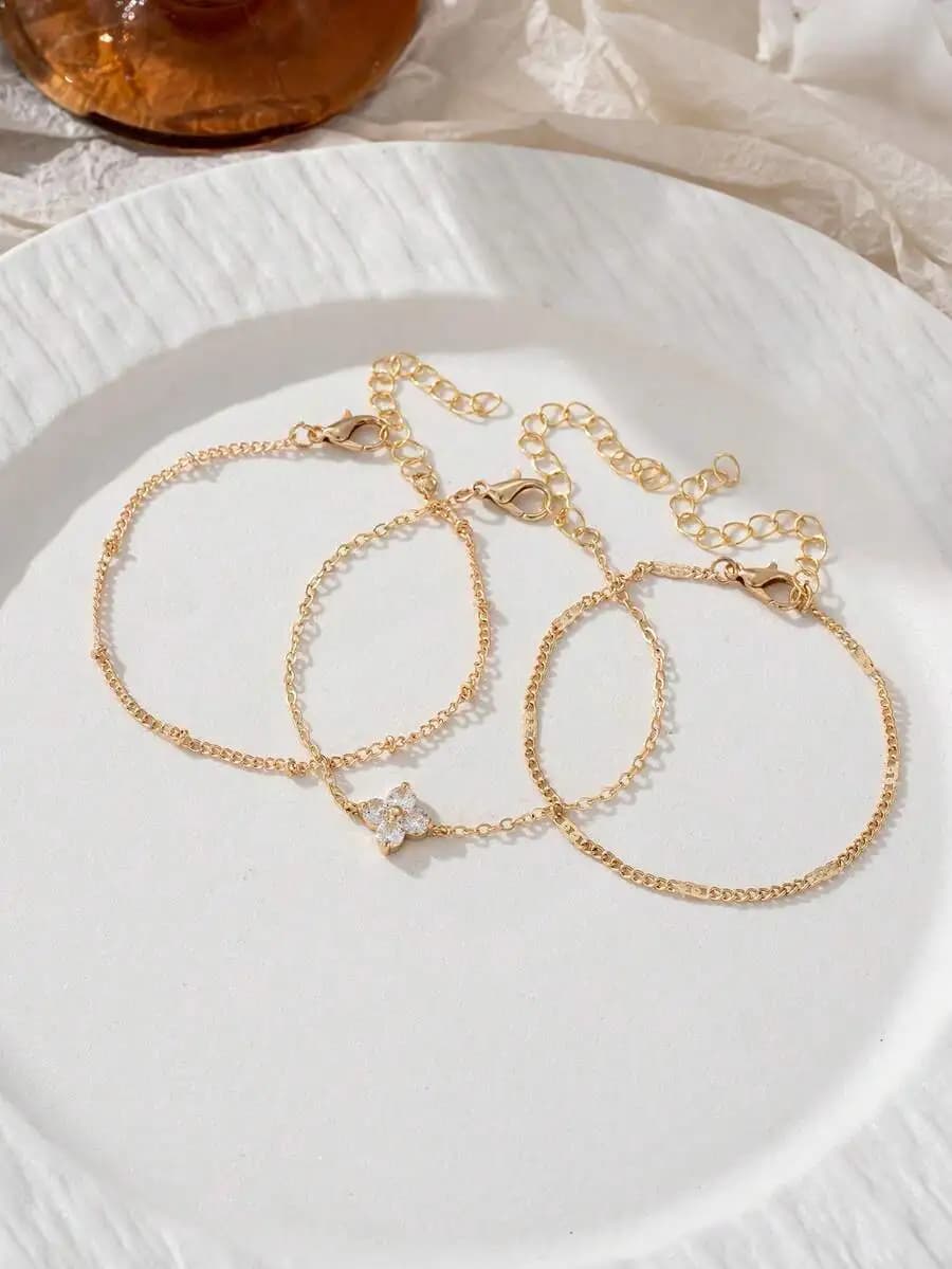 3pcs Cubic Zirconia Flower Layered Chain Bracelet Set For Women