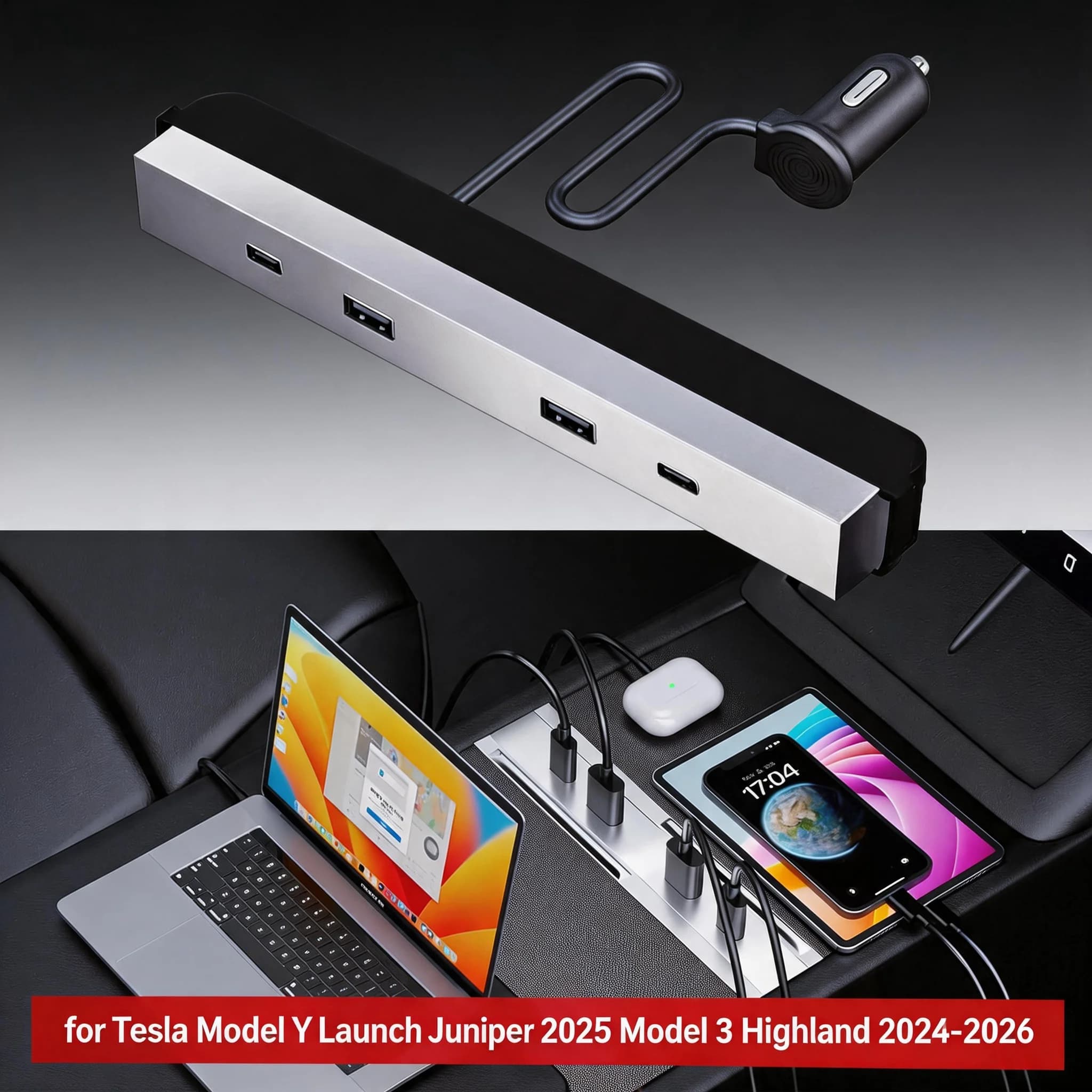 Aggiornamento del Controllo Centrale per Tesla Model YL Y Launch Juniper, Hub USB Type-C da 65W per Ricarica Rapida, Dock di Espansione per Model 3 Highland