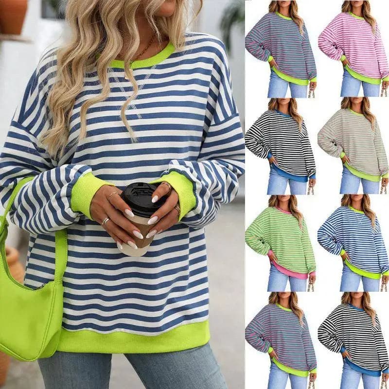 Women's Oversized Striped Color Block Crew Neck Sweatshirt Long Sleeve Casual Sportswear Winter Youth Fashion Sweatshirt