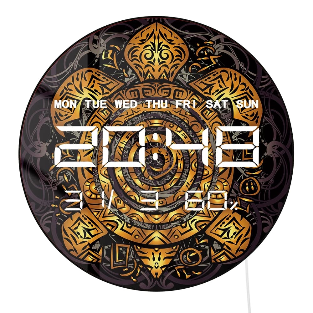Orologio da Parete Elettronico con Tartaruga Marina Tribale Dorata, Decorazione Totemica Maori, Timer con LED Dimmerabile Intelligente