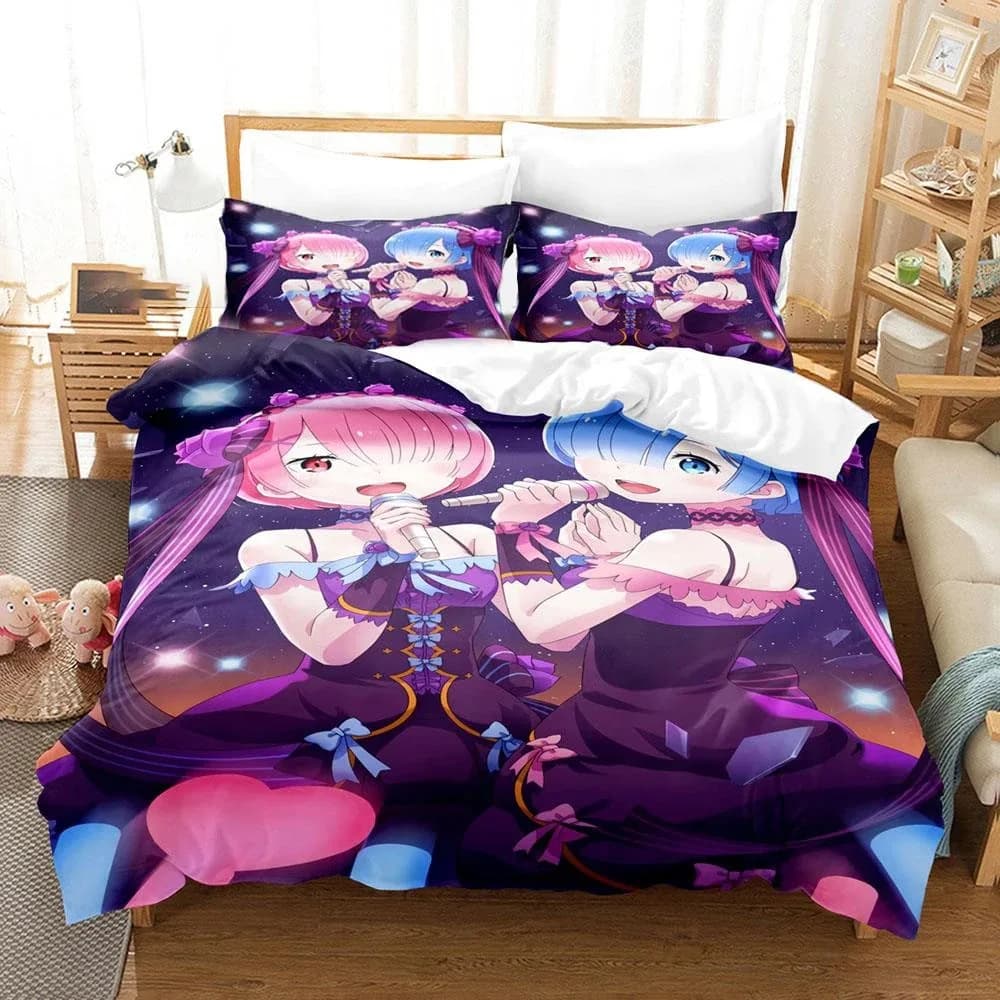 Set di Biancheria da Letto Stampato in 3D Anime Re Zero Rem Ram Emilia, Copripiumino e Federe per Ragazzi e Adulti, Misure Twin e Queen