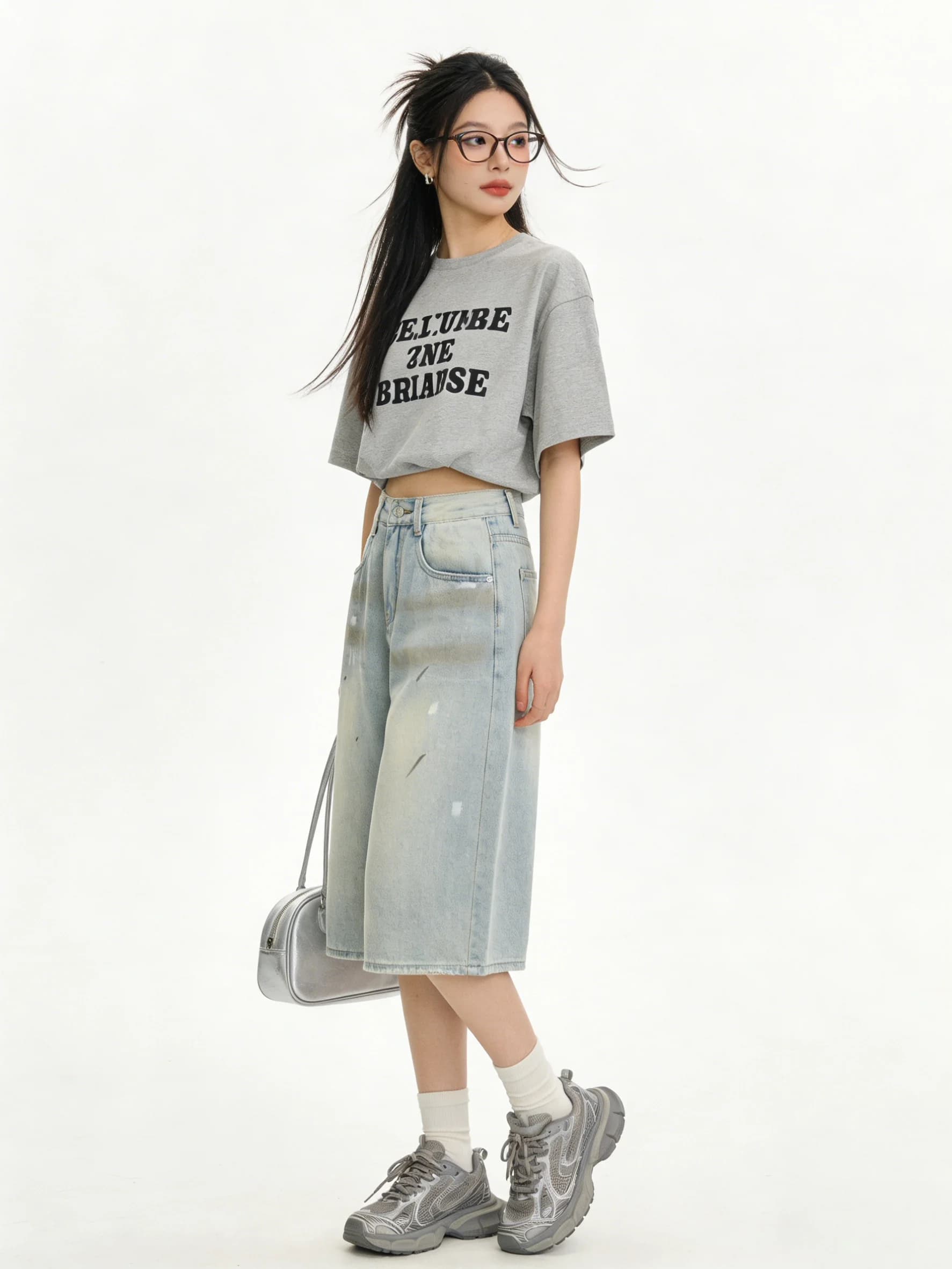 Jeans a gamba larga a vita alta, lavati e strappati, blu chiaro, stile coreano, estivi, versatili, casual, che snelliscono la figura