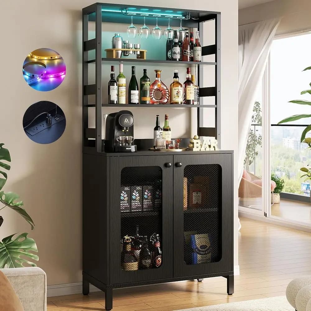 Mobile Bar con Prese Elettriche, Armadietto Bar Vino Alto 170 cm con Luci LED e Portabicchieri, Stazione Bar o Mobile per Soggiorno