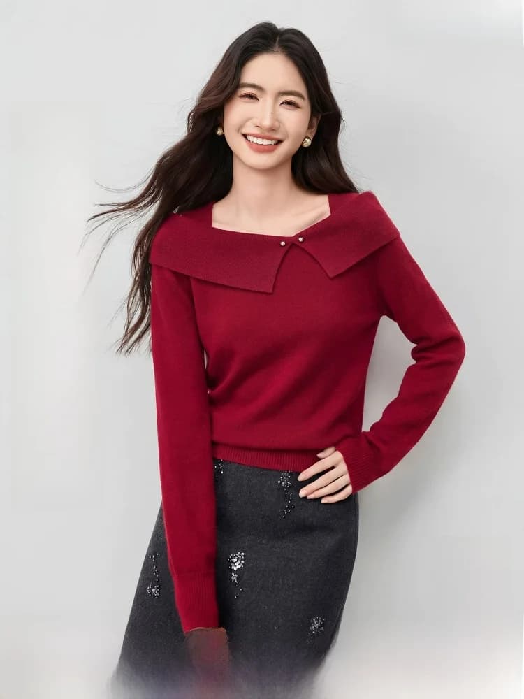 Nuovo Set Primaverile da Donna: Maglione Lavorato a Maglia con Colletto Rovesciato e Gonna a Trapezio in Tweed di Lana