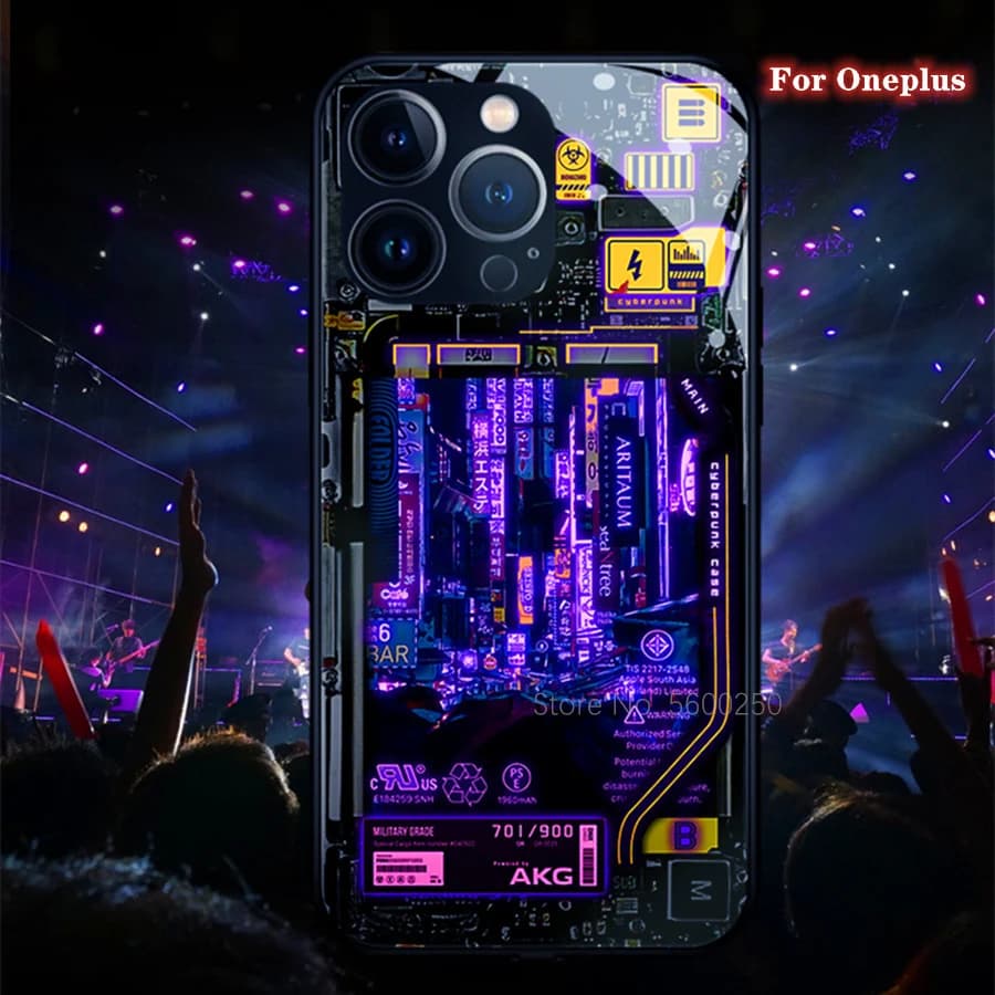 Cyber Style Smart Luminous Phone Case For Oneplus 11 12 9 Pro 9 9R 8 7 7T Pro 6 6T Nord N10 N20 5G Glass Original Back Coques