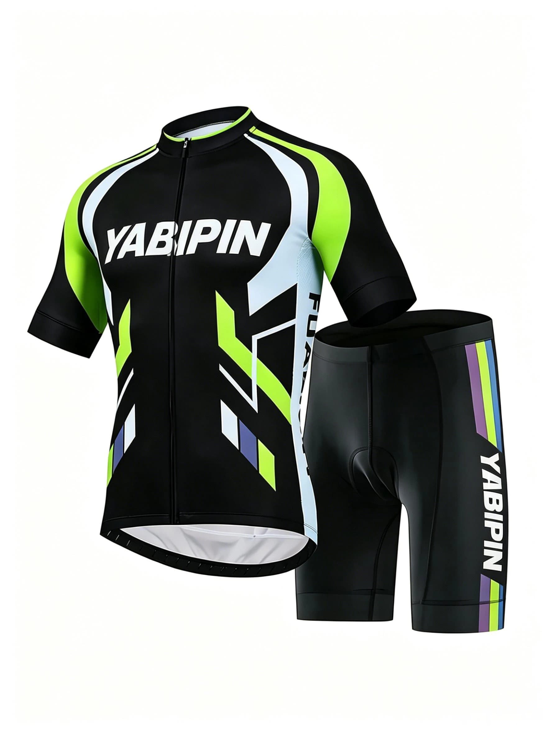 Set da ciclismo da uomo con colletto rialzato e zip integrale, maglia da ciclismo a maniche corte con grafica a lettere e pantaloncini traspiranti, abbigliamento sportivo in 2 pezzi