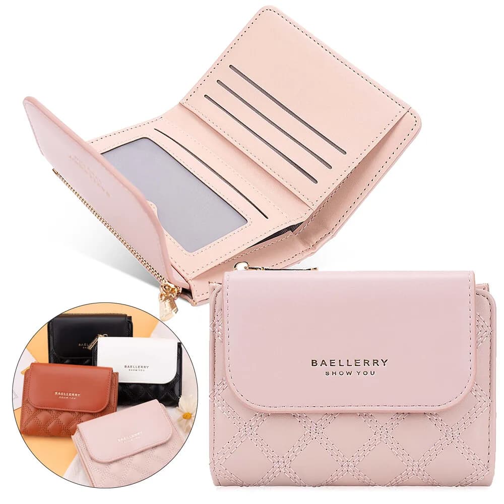 Portafogli da donna alla moda Porta carte di credito corto a tre ante in pelle con tasca portamonete con cerniera Portafoglio rosa carino per ragazze