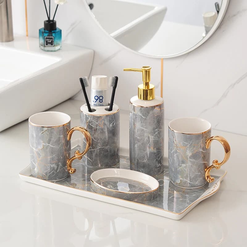 Bagno in stile nordico 4/5/6 pezzi Ornamenti per il bagno Portaspazzolino in ceramica Collutorio Tazza Dispenser di sapone Accessori SetZB379