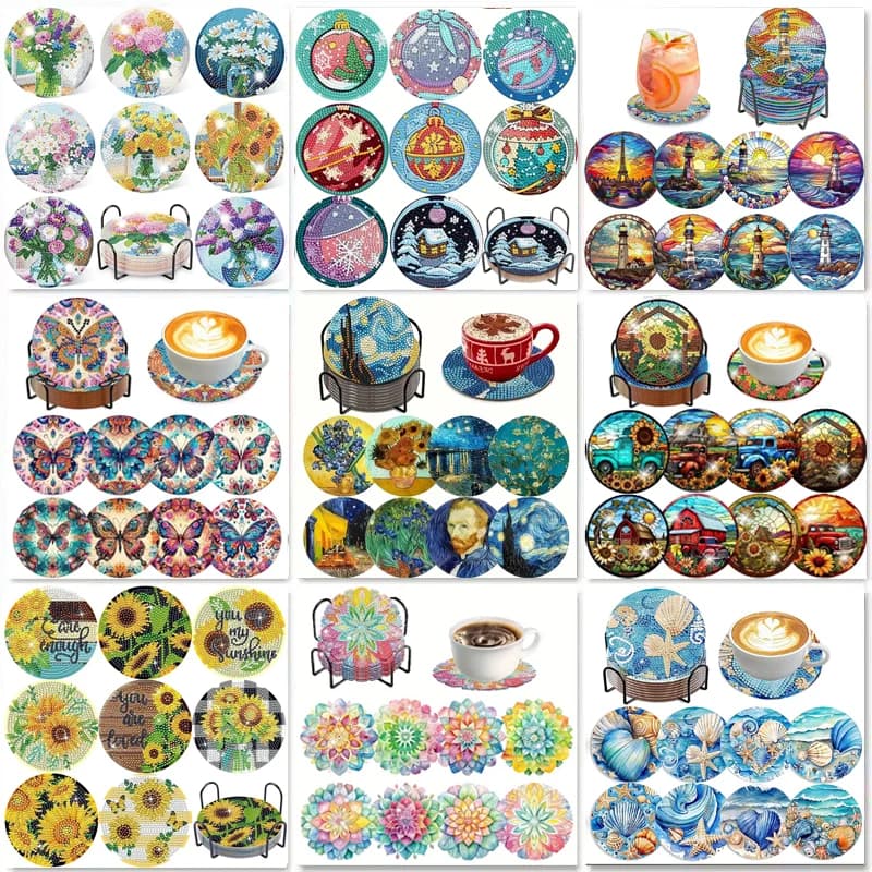Set da 8 pezzi di sottobicchieri per pittura con diamanti (con supporto), sottobicchieri per pittura con diamanti con motivo bouquet fai-da-te, adatti ai adulti