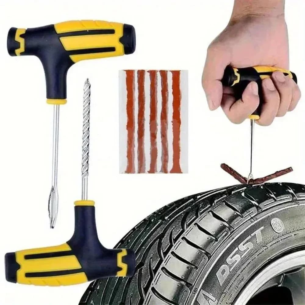 Kit di riparazione pneumatici per auto con strumenti e adesivi – Strisce durevoli incluse, utilizza per la riparazione di forature di emergenza dei pneumatici tubeless