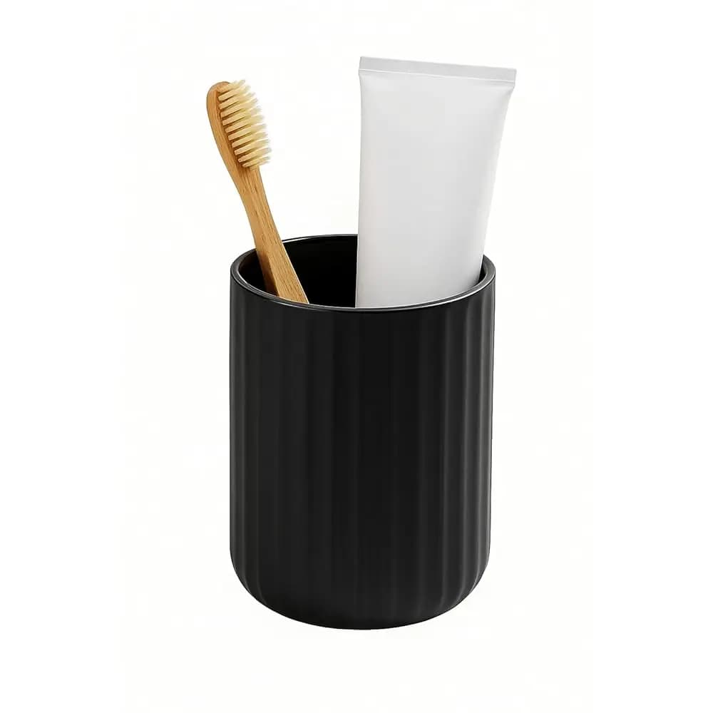 Portaspazzolino in Ceramica Nera – Bicchiere da Bagno da 13,5oz con Texture a Righe Verticali, Moderno Portaspazzolino o Contenitore per Trucchi