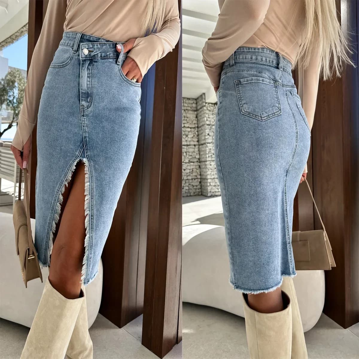 Blue Slit Y2k Skirt Pocket Jeans Design Maxi Spring Autumn Stretch Vintage Denim Club E-girl Streetwear Skirts Maxi Long Skirt