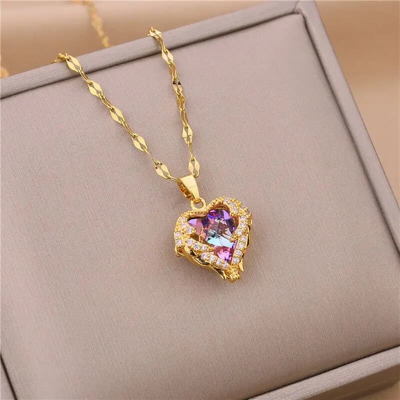 Collana con Ciondolo a Cuore Oceanico in Cristallo Colorato di Lusso per Donne, Gioielli Trendy in Acciaio Inossidabile 316L, Catena da Collo per Matrimonio
