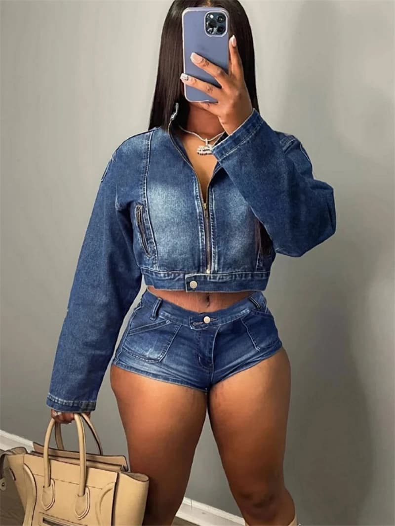 Streetwear Denim Set da 2 pezzi Completo da donna Abiti primaverili Giacca di jeans da donna Top e pantaloncini di jeans Set Tute di jeans Set da donna