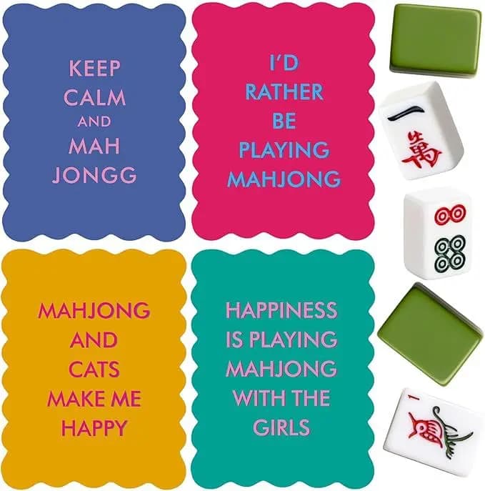 Set di 4 carte mescolatrici per Mahjong americano con frasi divertenti e vivaci, in PVC, con bordo smerlato