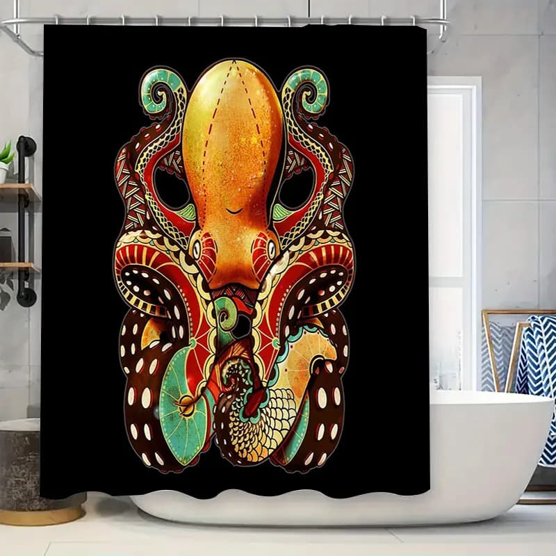 Tenda da doccia con polpo oceanico, vita marina, arredamento per il bagno, tema nautico, tessuto impermeabile, decorazioni per la casa costiere, regalo per la casa sulla spiaggia