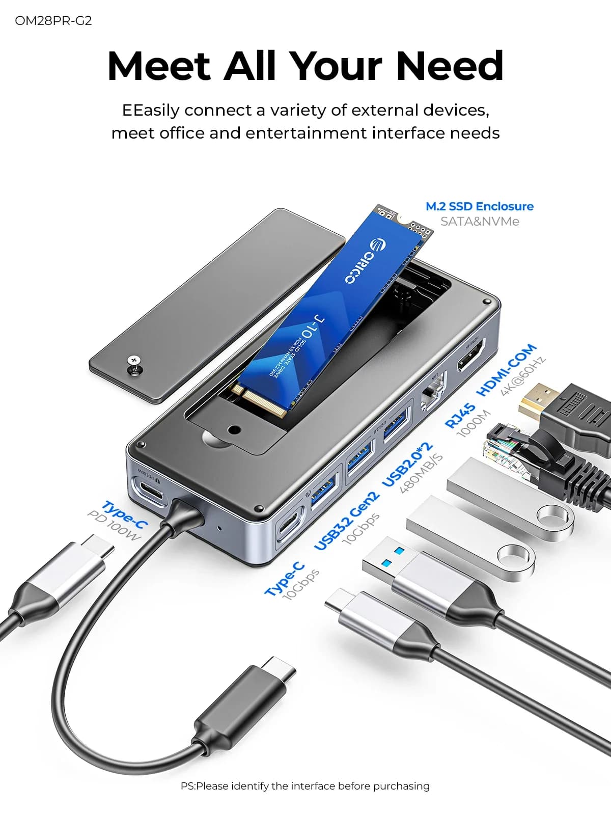 ORICO 8T M.2 SSD Enclosure Docking Station Hub USB Type-C con HDMI 4K@60Hz, Adattatore SD/TF USB 3.2 per Laptop e Desktop PC