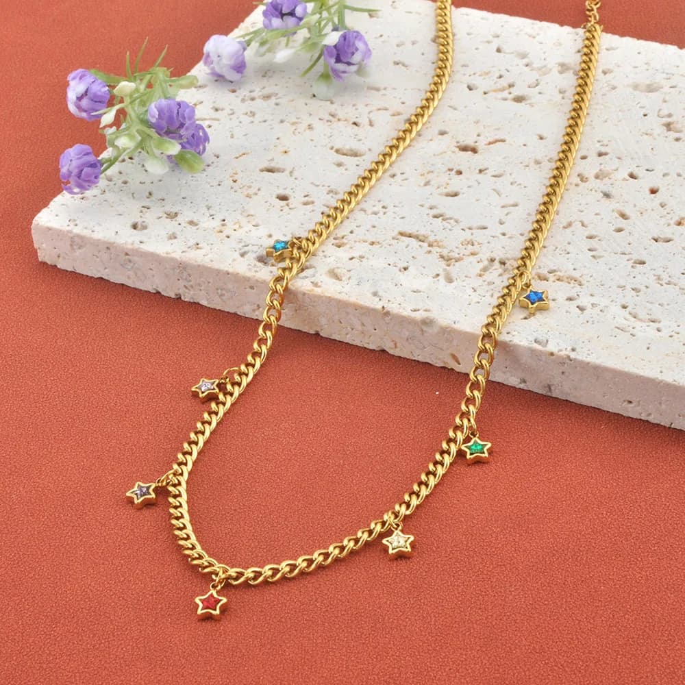 JeeMango Stainless Steel Multicolor Zircon Star Charm Necklace For Women Not Fading Fashion Delicate Party Jewelry Gifts N25191