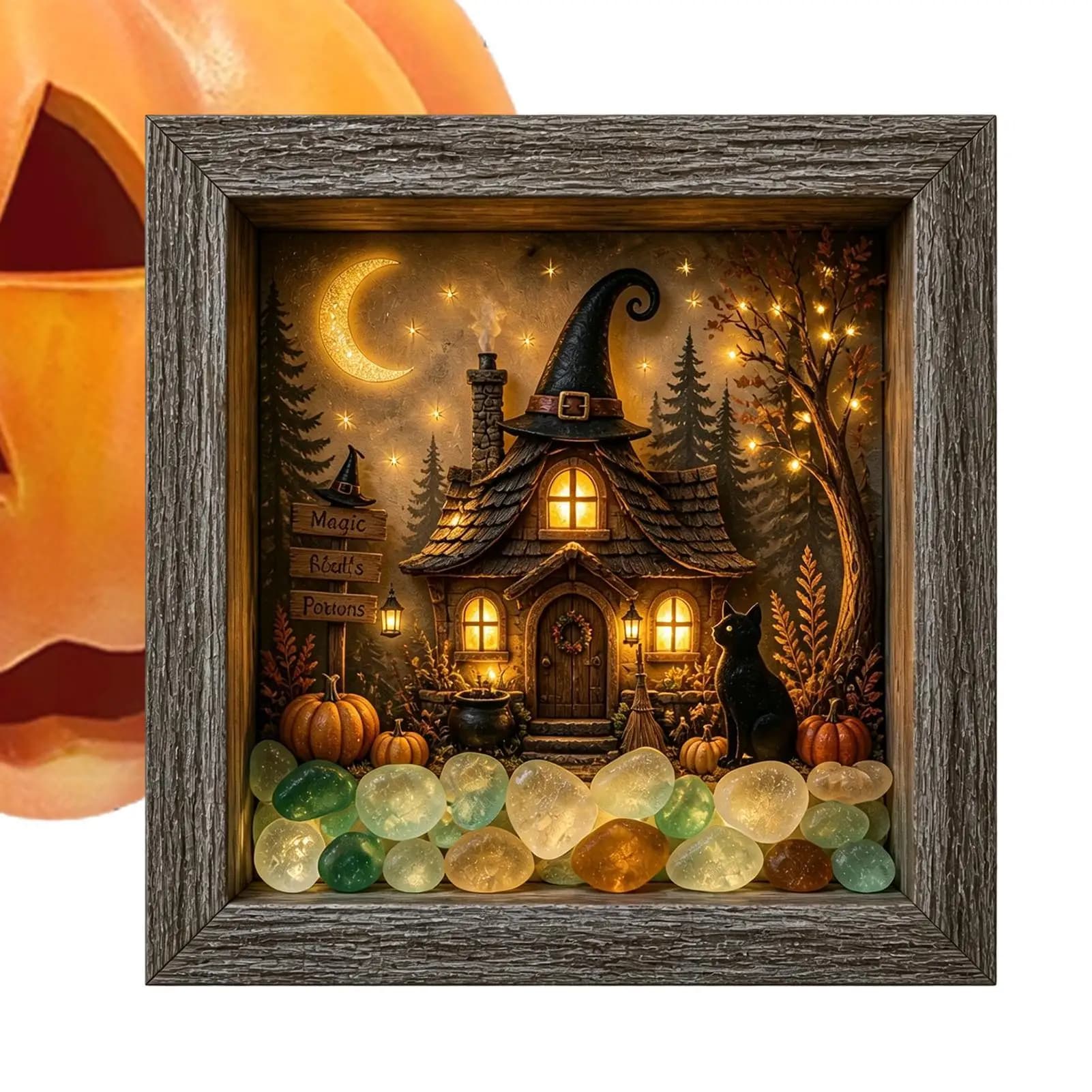 Sea Glass Framed Picture Sea Glass Stone LED Memory Box Set 21.5x21.5x3.7cm Halloween Lighted Table Centerpiece For Mantel