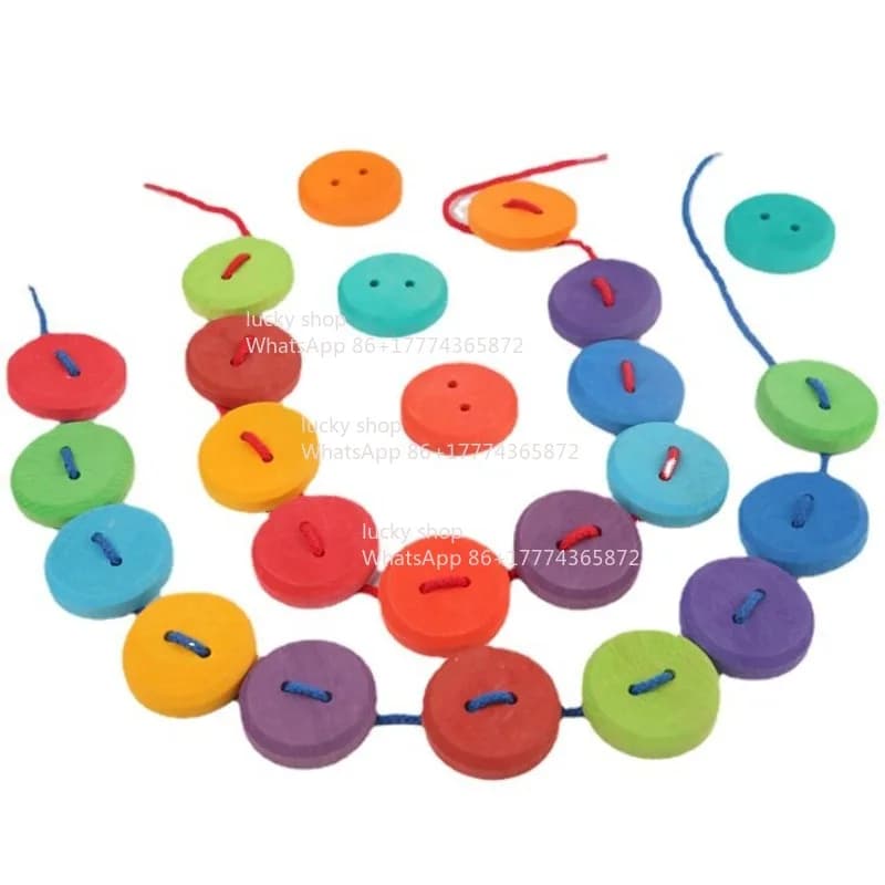 Wooden Beaded Button Rainbow Building Block Bead Through Rope Fine