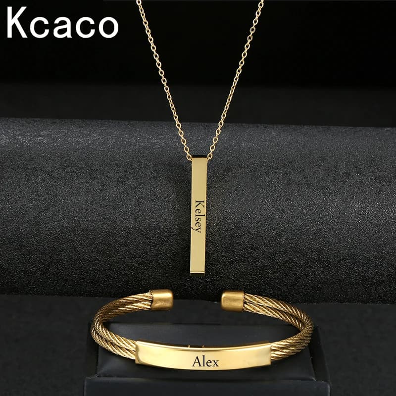 Incidere il nome data bracciale Bar collana Set acciaio inossidabile colore oro braccialetto aperto personalizzato dimensioni regolabili amanti gioielli regalo