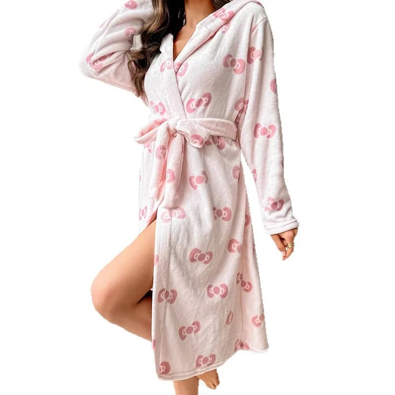 New Autumn and Winter Thickened Fleece Flannel Bowknot Printed Bathrobe Extra Long Women's Nightgown Loungewear