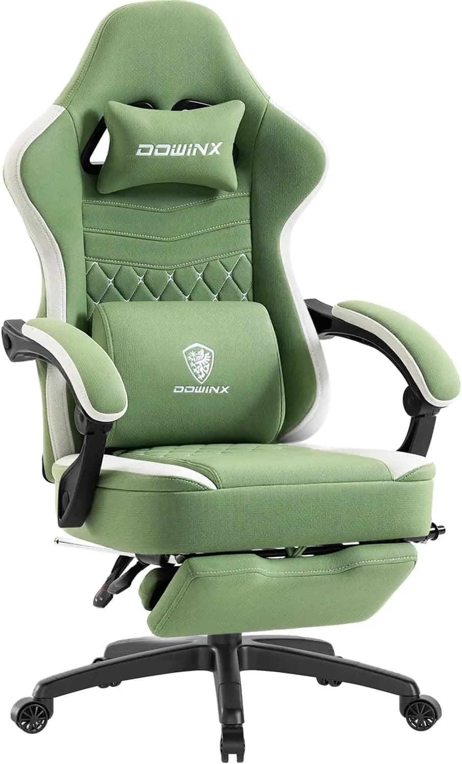 Breathable Fabric Gaming Chair with Pocket Spring Cushion, Ergonomic Computer Chair with Footrest, Storage Bag, Green/White