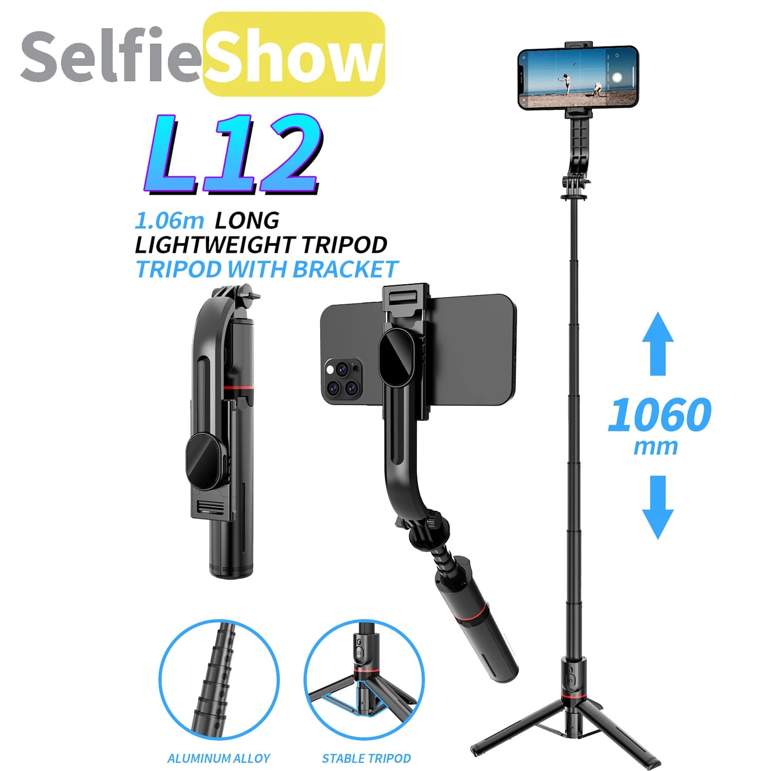 Selfieshow L12 Staffa di rinforzo multifunzionale Treppiede Bluetooth pieghevole Selfie Stick Stabilizzatore da 1060 mm per telefono cellulare