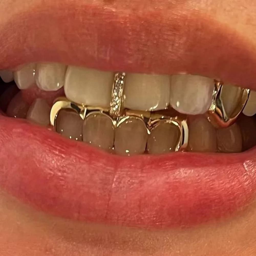 RACHELZ Hip Hop Single CZ Stone Vertical Bar denti Grillz 14K placcato oro Cubic zircone Tooth Caps per donna uomo gioielli
