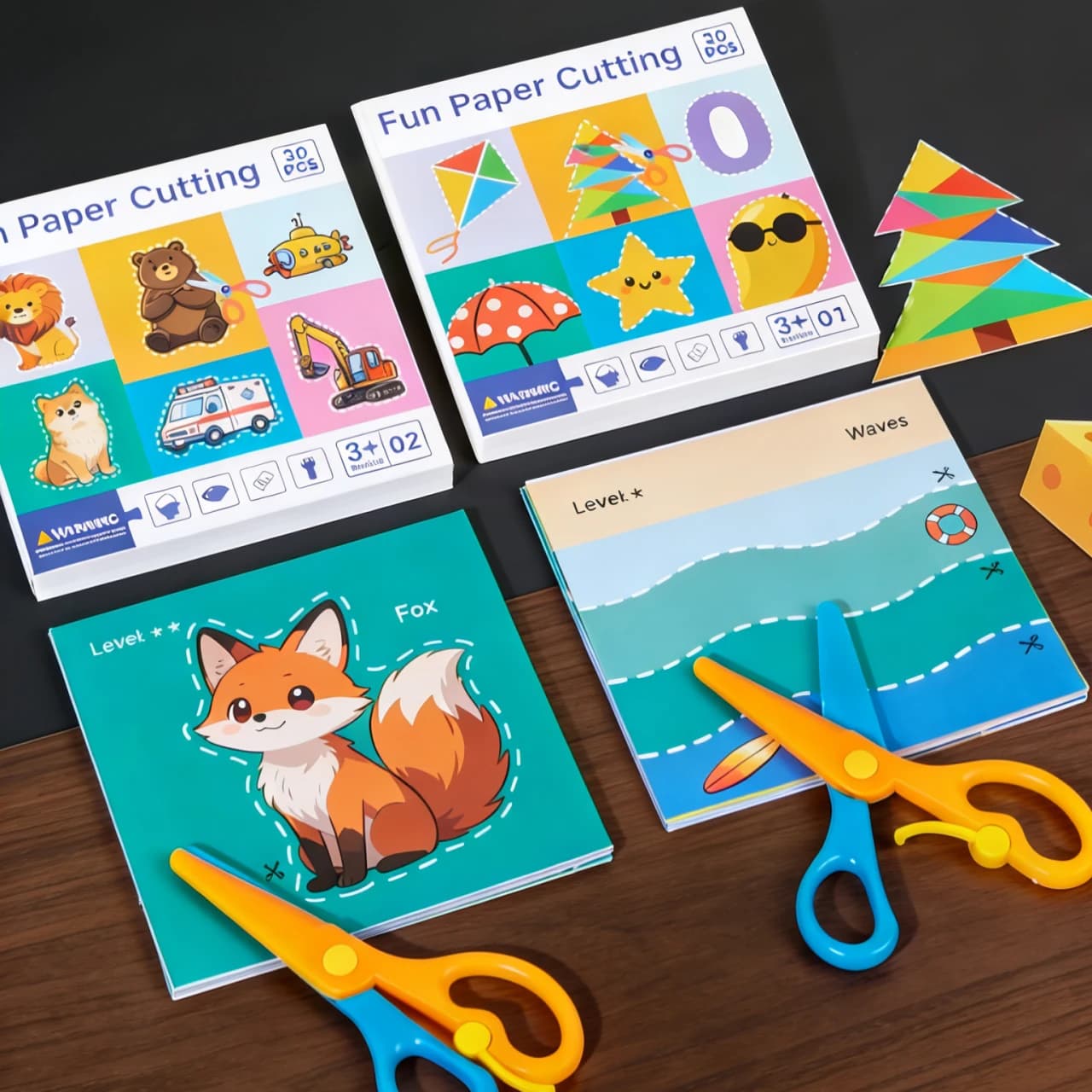 Modelli di cartoni animati per il taglio della carta divertente e specifica per l'asilo, forbici per rimbalzo sicuro, capacità pratica del treno, potere cerebrale per i più piccoli