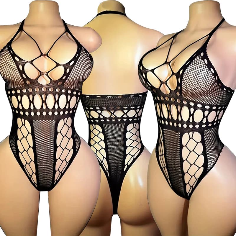 Pigiama Estivo Senza Maniche Sexy da Donna, Set Lingerie in Rete con Reggiseno Aperto, Abbigliamento da Notte Erotico con Scollo a V Profondo