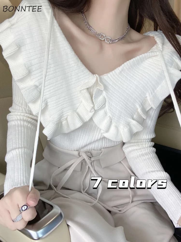 Pullover con colletto alla Peter Pan da donna dolce stile coreano sexy da ragazza fasciatura sottile maglieria a maniche lunghe solido minoranza elastica