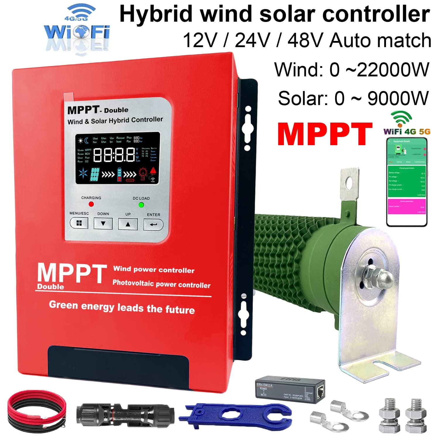 Sistema Ibrido Eolico-Solare con Turbina Eolica 15000W e Pannello Solare 5000W, Regolatore di Carica MPPT con Carico di Scarico 12V 24V Auto 48V