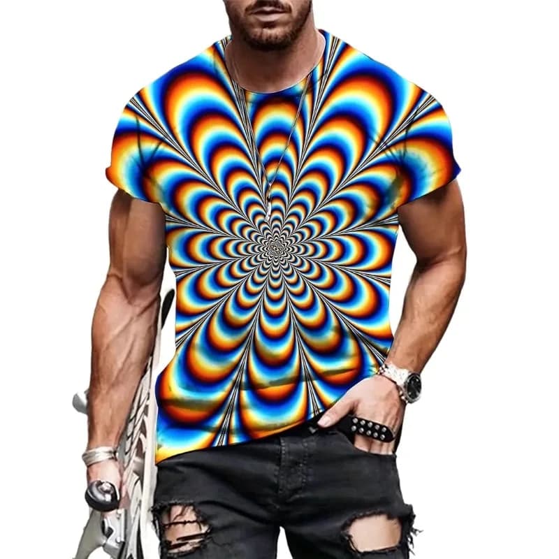 T-shirt stampata in 3D con vortex astratti e grafiche personalizzate, manica corta casual da uomo, stile europeo e americano