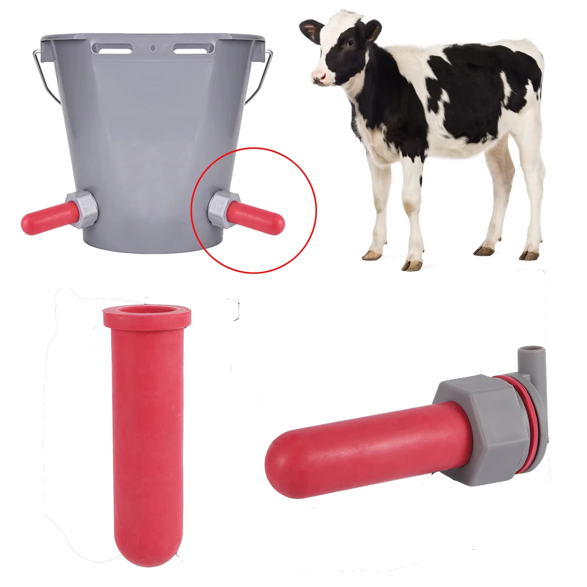 Set di 1 secchio per l'alimentazione dei vitelli con tettarella in gomma morbida per uso alimentare, con base fissa, speciale per mucche e pecore