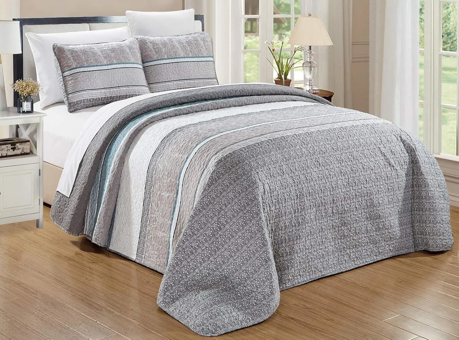 Set Copriletto Oversize 3 Pezzi, Coperta Reversibile Misura Queen, Leggera in Grigio, Blu Teal, Bianco a Righe