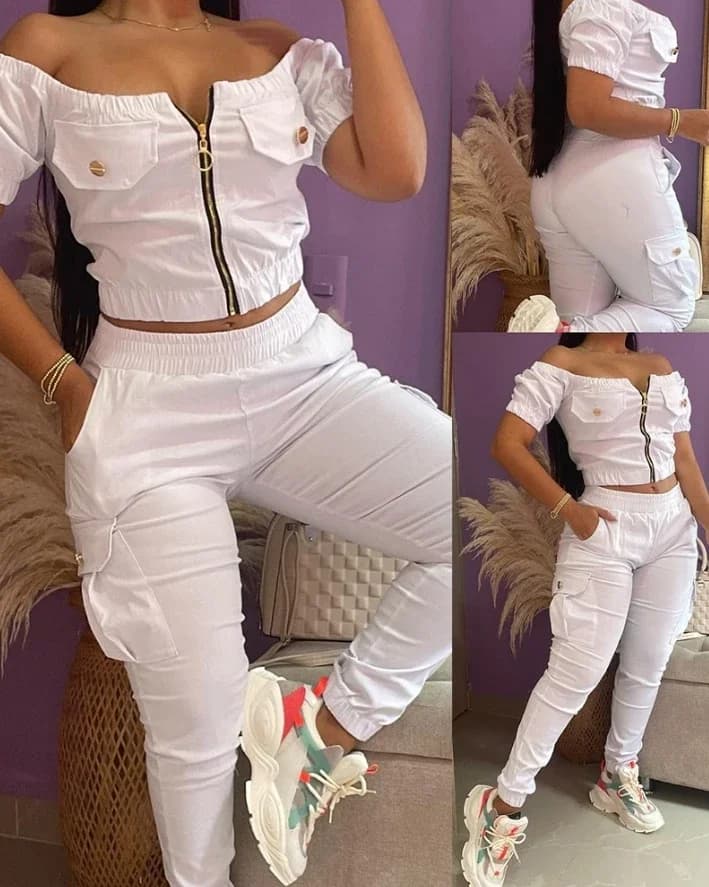 CPSYMYM Two Piece Set Women Outfit Spring Off Shoulder Zipper Design Short Sleeve Crop Top & Casual Pocket Cuffed Pants
