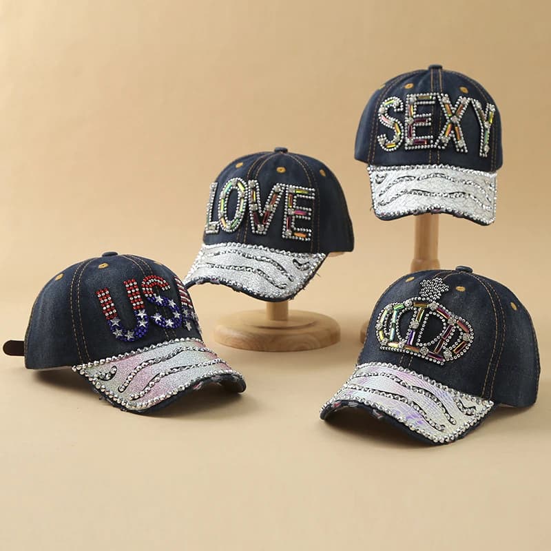Handmade DIY Denim Women Baseball Cap Rhinestone Inlaid Fashion Western Style Casual Adult Sun Hat Stylish Trendy Outdoor Visor