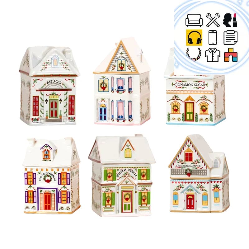 Set di spezie per villaggio festivo, mini barattoli di case di pan di zenzero natalizie, candela natalizia da appoggio per cucina con decorazioni festive