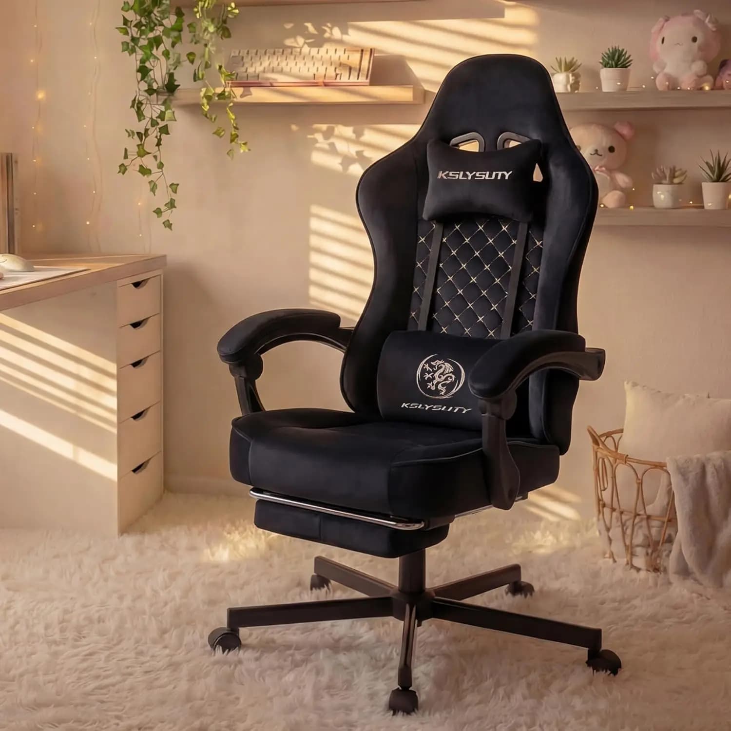 Sedia da Ufficio Ergonomica in Pelle con Cuscino a Molle Insacchettate, Poggiatesta Largo, Poggiapiedi in Tessuto, Personalizzabile