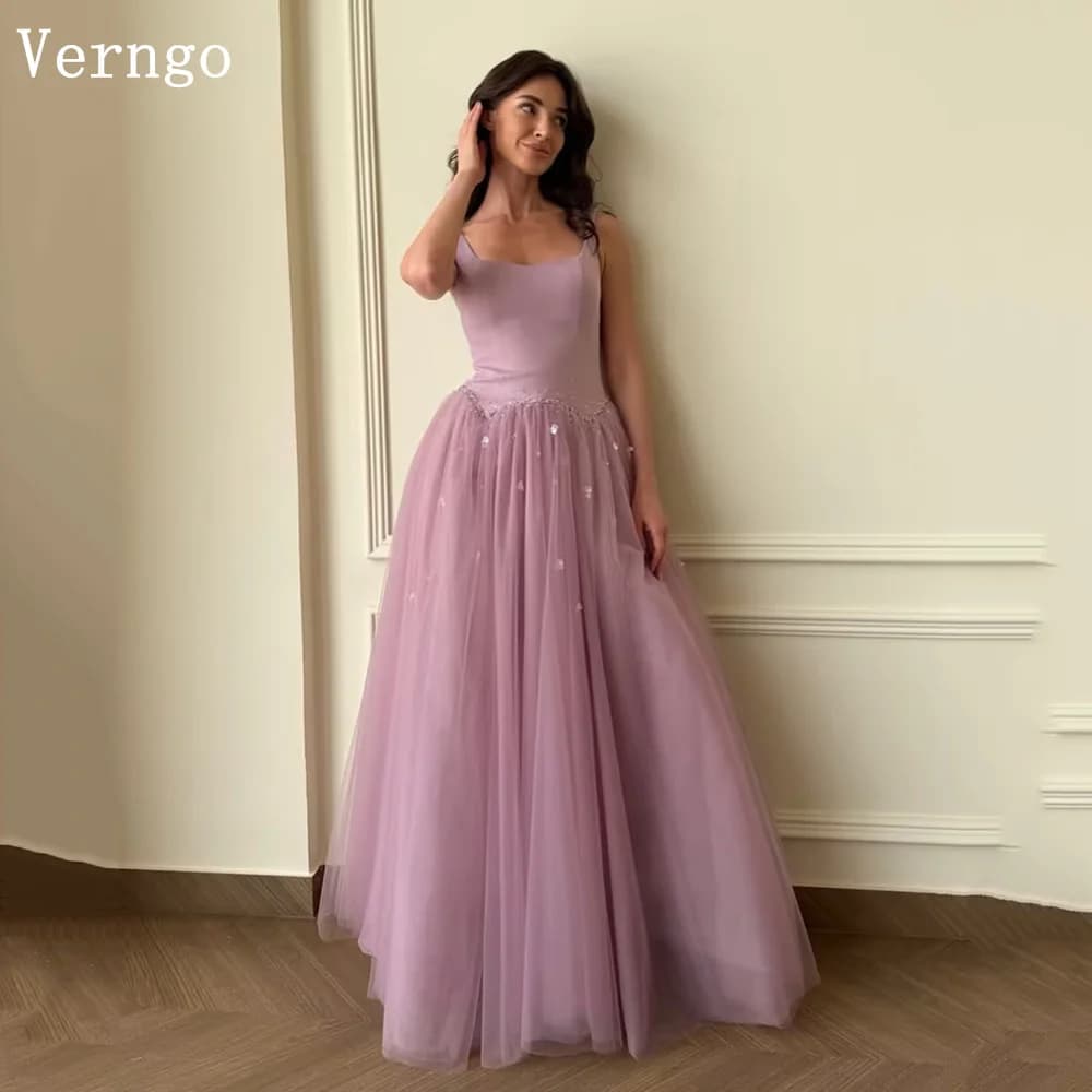 Verngo Abito da sera in tulle viola con applicazioni e spalline sottili, modello A-line, per ballo di fine anno e feste moderne, 2026 Personalizzabile