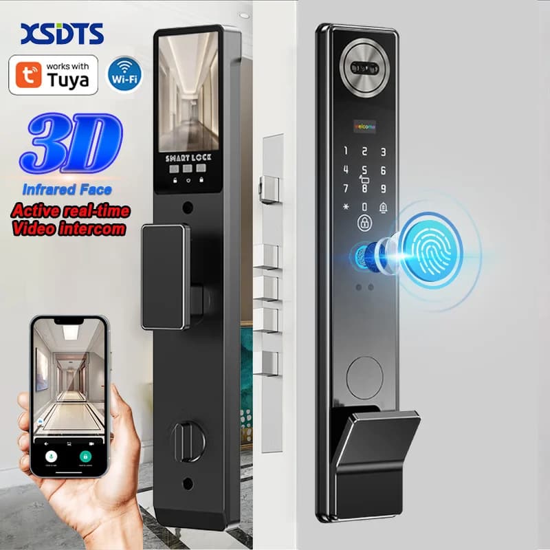 smart lock facial recognition fingerprint password WiFi with graffiti App remote control, anti-theft alarm, wooden home security