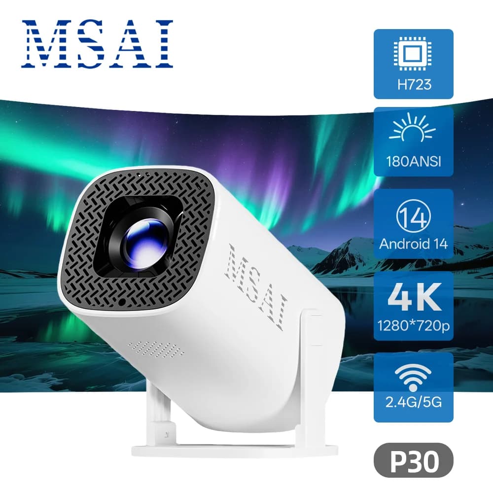 Proiettore P30 180 ANSI Lumen Nativo 1280x720P HD 4K Android 14 WiFi6 Chip Quad-Core H723 Correzione Trapezoidale a 4 Punti 40-120" per Casa e Campeggio